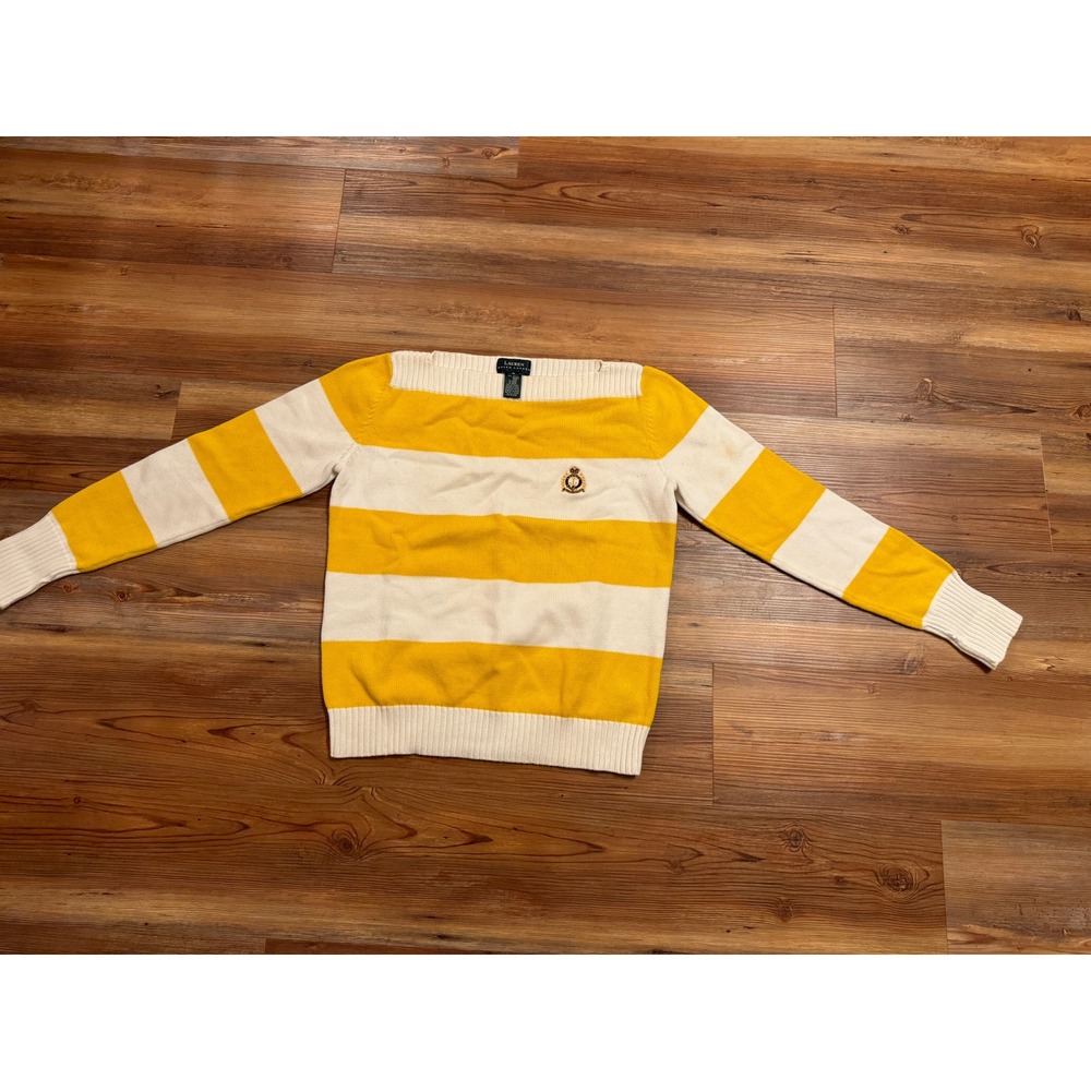 Lauren Ralph Lauren Womens Yellow White Striped Boat Neck Cotton Sweater Size M